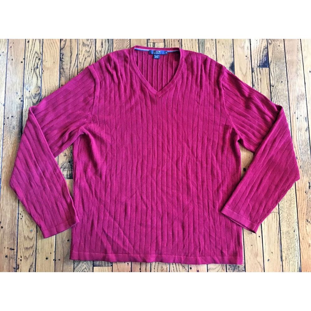 Mens‎ J CREW RED V neck Ribbed Sweater sz Medium preppy pima cotton